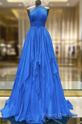 One Shoulder Blue Backless Long Formal Prom Dress, Open Back Blue Long Formal Dress