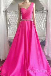 One Shoulder Hot Pink Formal Prom Dress, Hot Pink One Shoulder Formal Dress
