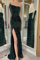 One Shoulder Long Emerald Green Formal Prom Dress Mermaid Sequin