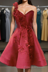 One Shoulder Open Back Burgundy Floral Short Formal Prom Dresses, Wine Red Floral Formal Evening Homecoming Dresses