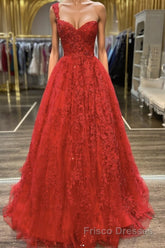 One Shoulder Open Back Red Lace Long Formal Prom Dresses, Sweetheart Neck Red Lace Formal Dresses, Red Evening Dresses