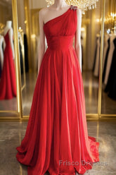 One Shoulder Open Back Red Long Formal Prom Dresses, Backless Red Formal Dresses, Red Evening Dresses
