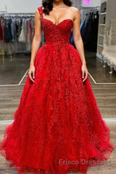 One Shoulder Red Lace Formal Prom Dresses, One Shoulder Red Lace Formal Evening Dresses