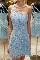 One Shoulder Short Lace Formal Prom Dresses, Short Lace Formal Homecoming Dresses