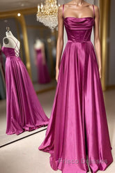 Open Back Fuchsia Satin Ruched Long Formal Prom Dresses, Long Fuchsia Formal Graduation Evening Dresses