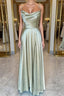 Open Back Sage Satin Long Formal Prom Dresses with High Slit, Long Sage Formal Graduation Evening Dresses