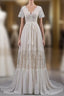Open Back Short Sleeves V-Neck Lace Beach Wedding Dress