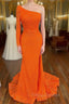 Orange Long Sleeve Sequined Formal Prom Dress With Slit
