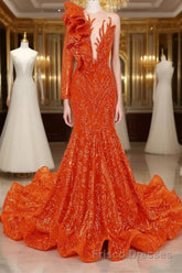 Orange Mermaid One Sleeve Formal Prom Dresses Sequined Lace Jewel Ruffles Evening Party Dresses with Appliques