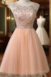 Peach Tulle Beaded Short Cute Homecoming Dress