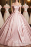 Pink A-Line Off Shoulder Satin Long Formal Prom Dress, Beautiful A-Line Off The Shoulder Party Dress