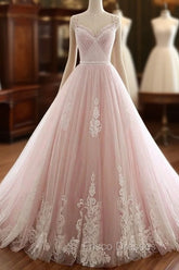 Pink A Line Spaghetti Strap Tulle Beaded Long Formal Prom Dress Sweet Applique Wedding Dress
