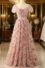 Pink A-Line Tulle Pleated Floral Long Formal Prom Dress Adult Ceremony Graduation Formal Prom Dress
