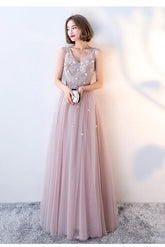 Pink Beaded V-Neckline Tulle Long Party Dresses, Pink Formal Dresses Evening Dresses
