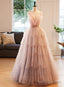 Pink Beaded V-neckline Tulle Party Dress Prom Dress, Tulle Layers Sweet 16 Dress