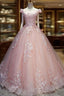 Pink Cap Sleeves Ball Gown Tulle With Lace Sweet 16 Formal Prom Dress, Long Quinceanera Dress