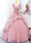 Pink Flowers Round Neckline Floor Length Sweet 16 Dress, Pink Long Formal Dress