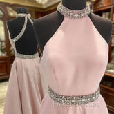 Pink High Neck Long Formal Prom Dress, Pink Backless Evening Dress