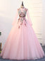 Pink High Neck Tulle Long Sleeve Backless Quinceanera Dresses
