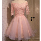 Pink Lace Appliques Organza Lace Up Back Off Shoulder Half Sleeve Homecoming Dress