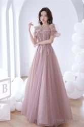 Pink Lace Off The Shoulder Prom Dress, Cute Pink Graduation Dress