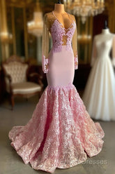 Pink Long Sleeves Lace Formal Prom Dress Mermaid Tulle Formal Gown