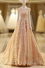 Pink Long Unique Round Neck Tulle Lace Applique Formal Prom Dress
