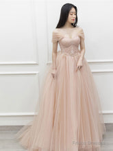 Pink Off Shoulder Long Prom Dress, Pink Tulle Formal Evening Dress