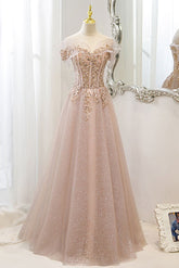 Pink Off Shoulder Shiny Tulle with Beaded and Lace Prom Dress, Pink Formal Dresses