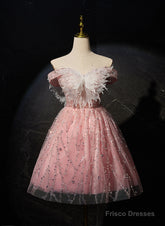 Pink Off Shoulder Shiny Tulle With Lace Party Dress, Pink Homecoming Dress Formal Dress