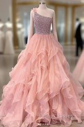 Pink One Shoulder Beads Long Formal Prom Dress Pink Evening Dress