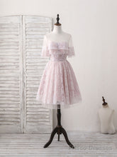 Pink Round Neck Lace Tulle Short Prom Dress, Pink Homecoming Dress