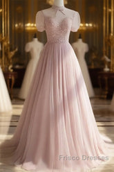 Pink Round Neck Tulle Sequin Long Formal Prom Dress Formal Dress Short Sleeves December Wedding Guest Dress