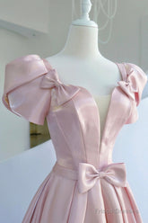 Pink Satin Long Prom Dress, Beautiful A-Line Evening Dress With Bow