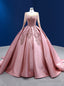 Pink Satin Long Sleeve Appliques Beading Prom Dress