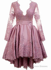 Pink Satin With Lace Applique High Low Homecoming Dress, Pink Short Prom Dress