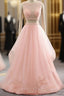 Pink See Through Tulle Beading Strapless Two Piece Formal Prom Dress