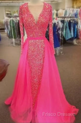 Pink Sequin Formal Prom Dress Long Sleeves V Neck Formal Gowns With Train