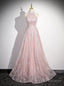 Pink Sequins Halter Backless Beading Prom Dress