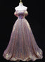 Pink Sequins Off Shoulder A-Line Long Prom Dress, Sequins Evening Dress