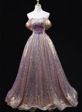 Pink Sequins Off Shoulder A-Line Long Prom Dress, Sequins Evening Dress