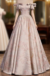 Pink Statin Off Shoulder Floral Long Party Dress, Pink Sweetheart Formal Prom Dress Formal Dress