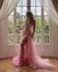 Elegant Pink Strapless 3D Flowers Tulle Mermaid Long Prom Dress With Slit