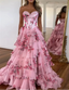 Pink Strapless A-Line Printing Tiered Chiffon Floral Long Prom Dress