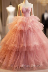 Pink Strapless Tulle Layers Ruffles Long Formal Prom Evening Dress, Pink Sweet 16 Dress