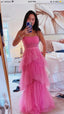 Pink Spaghetti Straps Tulle Long Prom Dress Evening Dresses Ruffles Full Length Dresses