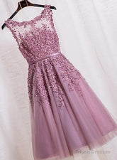 Pink Tea Length School Homecoming Dresses, Applique Pearls Short Prom Dresses, Pink Party Dresses