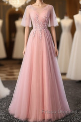 Pink Tulle A-Line Long Party Dress Bridesmaid Dress A Line Short Sleeves Floor Length Formal Prom Dress
