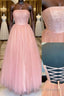 Pink tulle A-line long Formal Prom Dresses tulle formal Dresses
