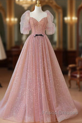 Pink Tulle Beautiful Puffy Sleeves Long Formal Prom Dress, Pink A-Line Evening Dress